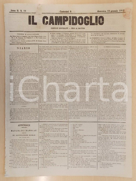 1862 MILANO Giornale IL CAMPIDOGLIO Riorganizzazione Collegio Reale Fanciulle