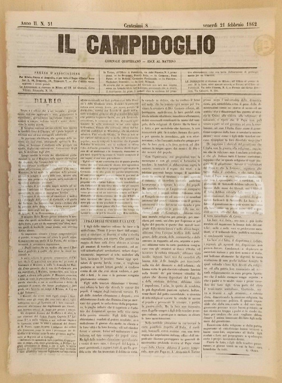 1862 MILANO Giornale IL CAMPIDOGLIO I figli delle tenebre e la luce