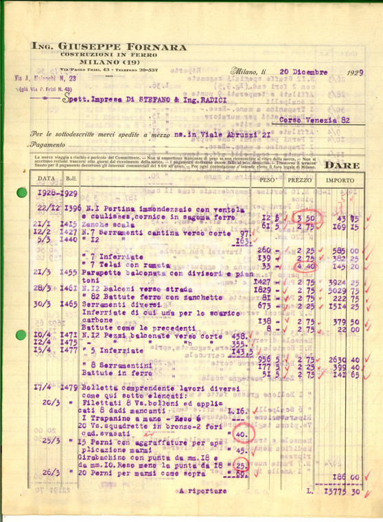 1929 MILANO Ing. Giuseppe FORNARA Costruzioni in ferro *Fattura intestata