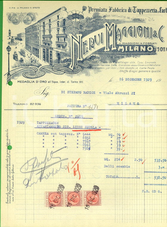 1929 MILANO Fabbrica NERVI MAGGIONI & C. Tappezzeria in carta *Fattura intestata