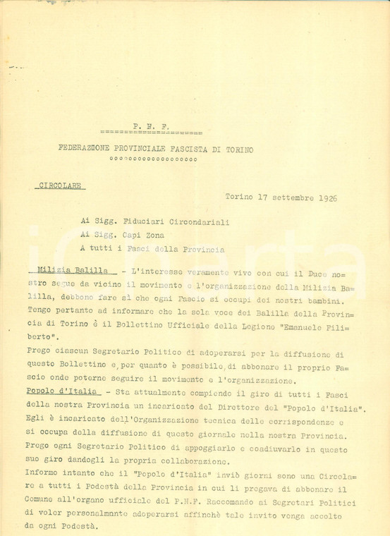 1926 TORINO PNF Norme per organizzazione del Fascio Provinciale *Documento