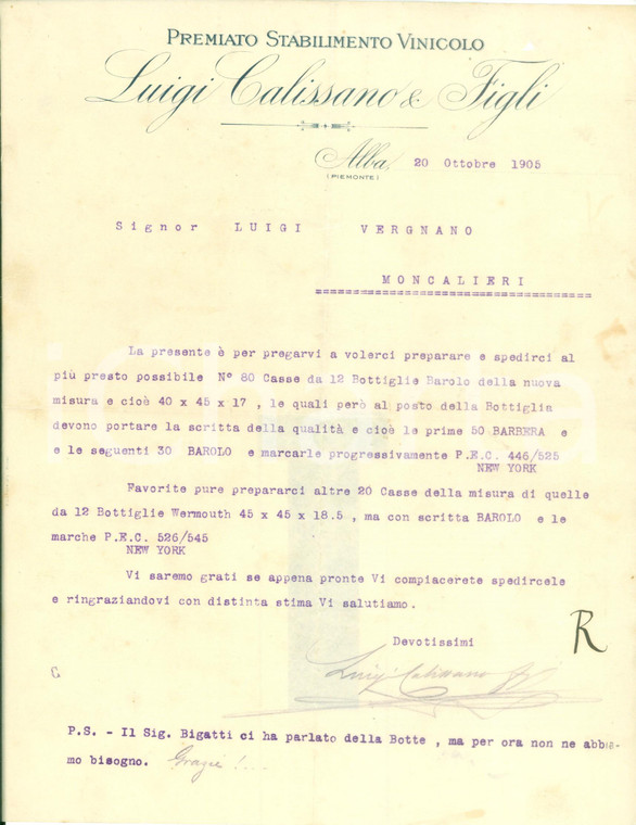 1905 ALBA (CN) Premiato Stabilimento Vinicolo Luigi CALISSANO ordina vino Barolo