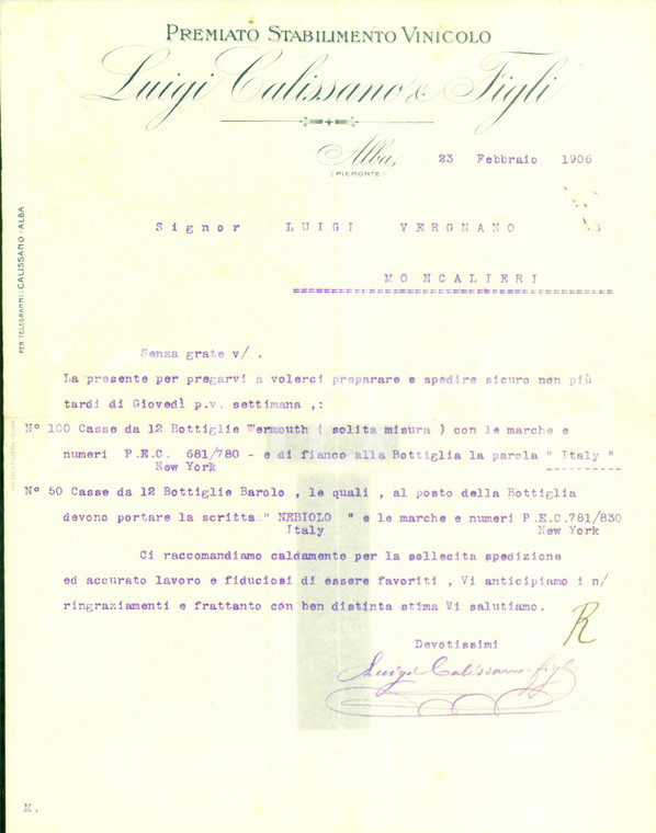 1906 ALBA (CN) Premiato Stabilimento Vinicolo Luigi CALISSANO ordina vermouth