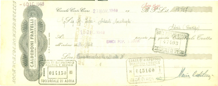 1948 CASALE CORTE CERRO (VB) Ditta Fratelli CALDERONI Casalinghi *Cambiale