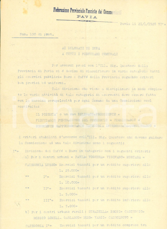 1928 PAVIA Divisione dei bar e caffè in categorie di reddito *Documento