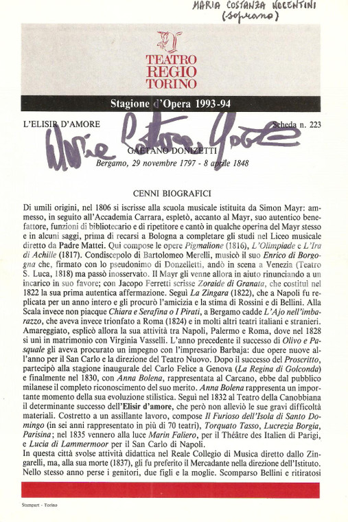 1993 TORINO Teatro Regio Autografo Maria Costanza NOCENTINI Soprano *Pieghevole