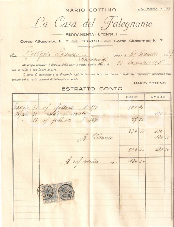 1927 TORINO Casa del falegname di Mario COTTINO Ferramenta *Fattura con busta