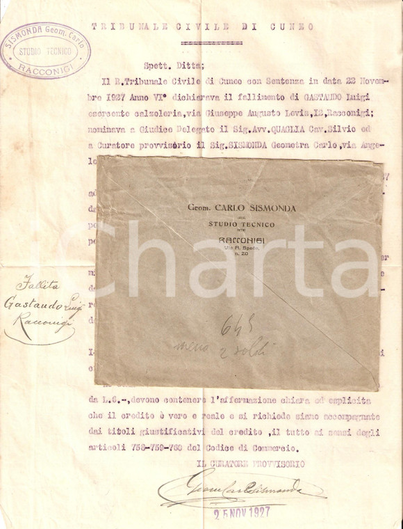 1927 RACCONIGI (CN) Geometra Carlo SISMONDA convocazione per fallimento GASTAUDO