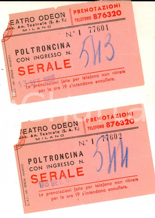 1959 MILANO Teatro ODEON - Lotto 2 biglietti Poltroncina ingresso serale