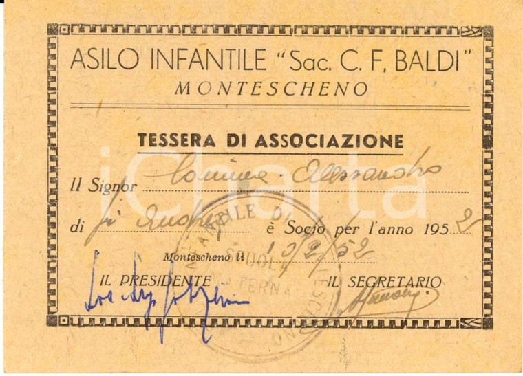 1952 MONTESCHENO (VB) Asilo infantile C. F. BALDI Tessera di associazione 