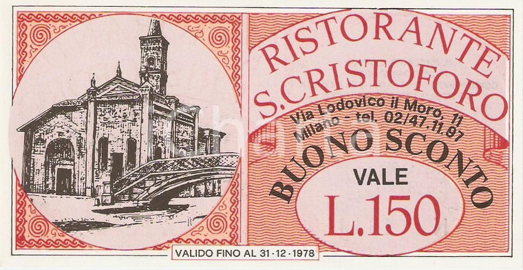 1978 MILANO Ristorante SAN CRISTOFORO *Buono sconto 150 lire ILLUSTRATO