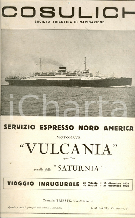 1928 TRIESTE Viaggio inaugurale M/N VULCANIA Società COSULICH *Locandina