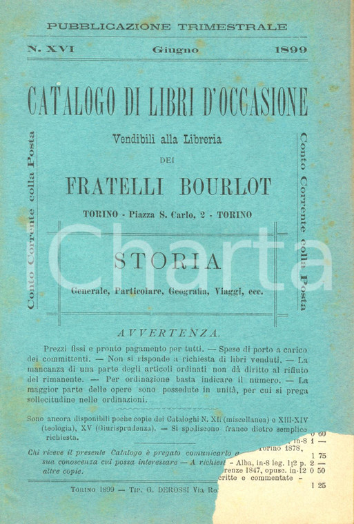 1899 TORINO Catalogo libreria FRATELLI BOURLOT n° XVI Storia Geografia Viaggi