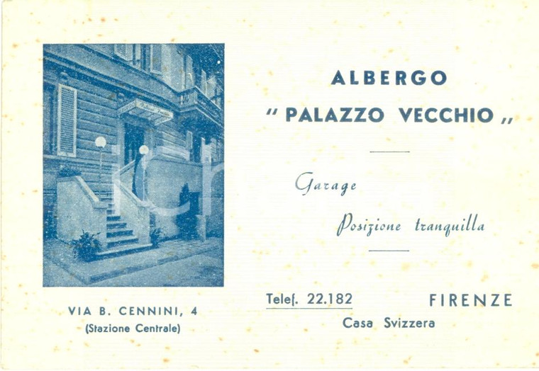 1920 ca FIRENZE Albergo PALAZZO VECCHIO Biglietto pubblicitario