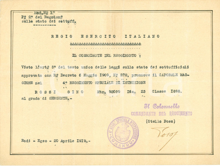 1919 RODI GRECIA 4 Reggimento Istruzione Gino ROSSI sergente Autogr. Otello POSO