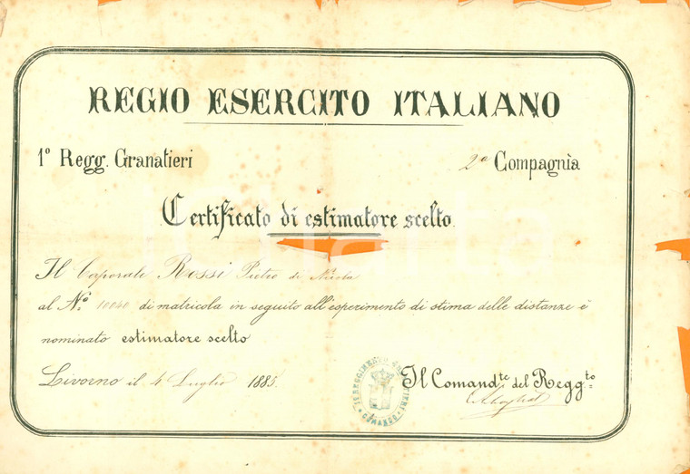 1885 LIVORNO 1° REGGIMENTO GRANATIERI Pietro ROSSI estimatore scelto DANNEGGIATO