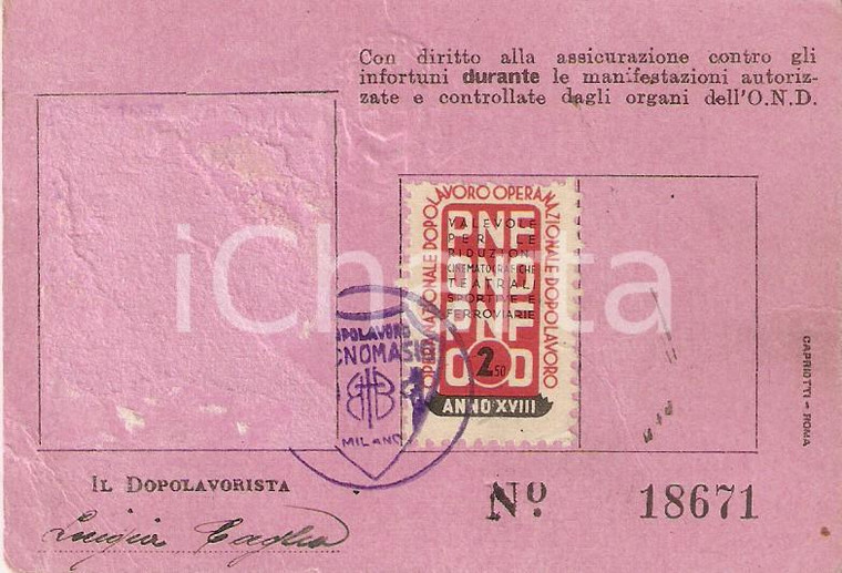 1939 MILANO Dopolavoro aziendale TIBB Tecnomasio Tessera Luigia CAGLIO