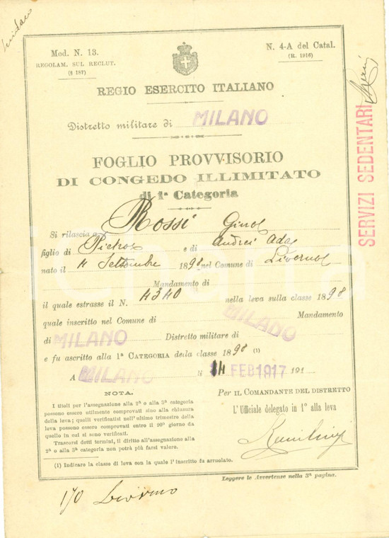1917 LIVORNO WWI Congedo illimitato Gino ROSSI Servizi Sedentari *Documento