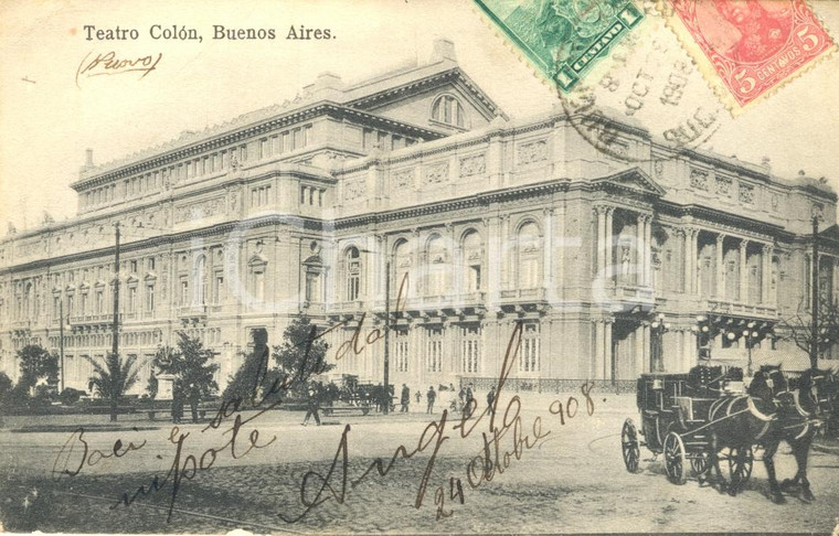 1908 BUENOS AIRES (ARGENTINA) Veduta del TEATRO COLON *Cartolina ANIMATA FP VG