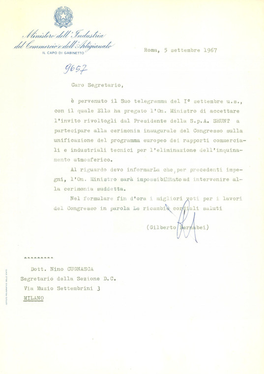 1967 ROMA Giulio ANDREOTTI non partecipa a congresso Autografo Gilberto BERNABEI