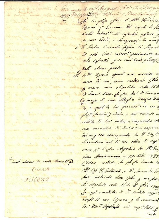 1801 NAPOLI Domenico VISCOVO vende credito su Giuseppe SORRENTINO *Manoscritto