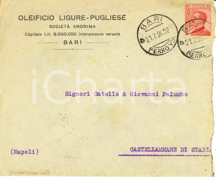 1926 BARI Oleificio Ligure-Pugliese Società Anonima *Busta Pubblicitaria