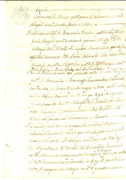 1851 NAPOLI Nomina Salvatore D'ALESSIO avvocato difensore di Domenico GUARRACINO