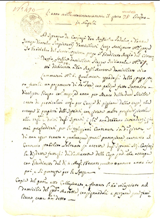 1833 NAPOLI Raffaele MAROTTA versa pigione per casa con giardinetto