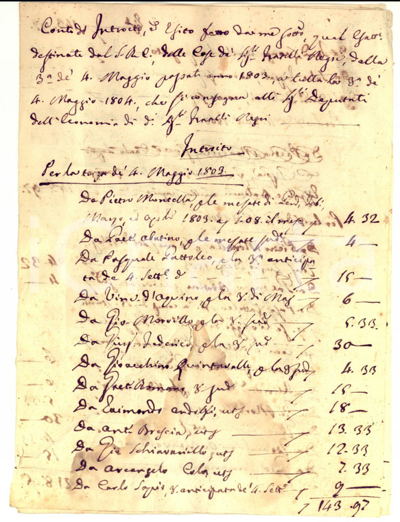 1804 NAPOLI Conto introiti riscossi per fratelli NEGRI *Manoscritto DANNEGGIATO