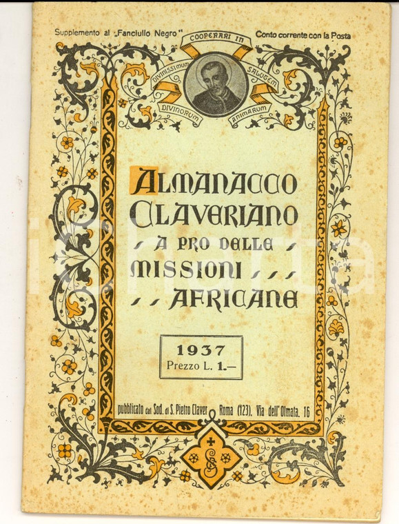 1937 ROMA Almanacco CLAVERIANO a favore delle missioni africane ILLUSTRATO