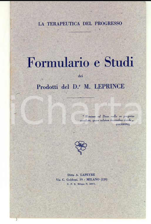 1930 ca Ditta A. LAPEYRE Formulario e studi dei prodotti del dr. M. LEPRINCE