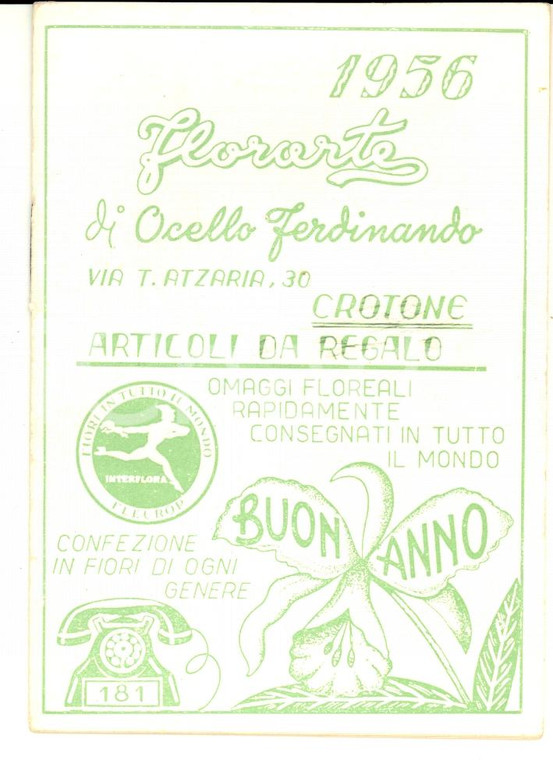 1956 CROTONE Calendario FLORARTE di Ferdinando OCELLO *Pubblicitario 9x12 cm