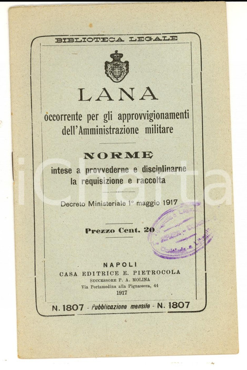 1917 BIBLIOTECA LEGALE Lana per approvvigionamenti dell'amministrazione militare