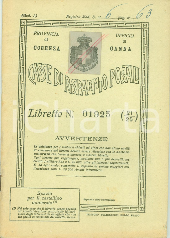 1947 CANNA (CS) Casse di Risparmio Postali Carmine TARSIA Libretto fruttifero