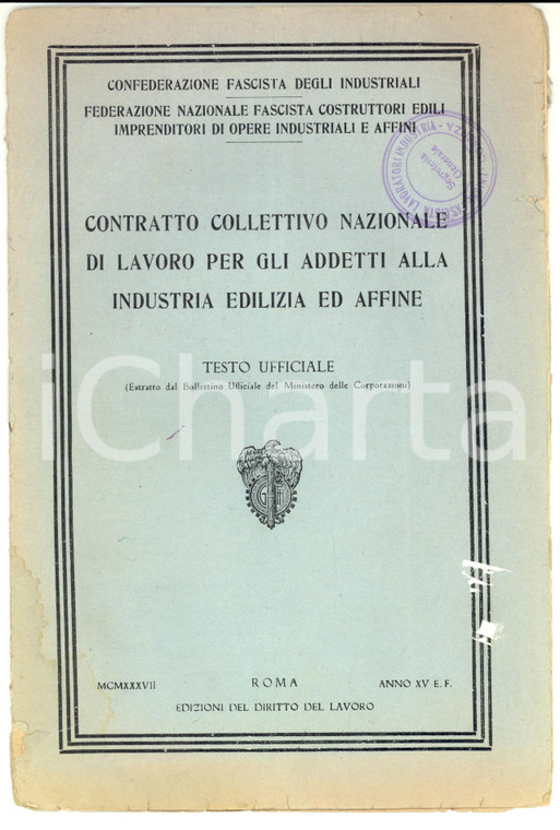 1937 CFI ROMA Contratto collettivo nazionale di lavoro industria edilizia