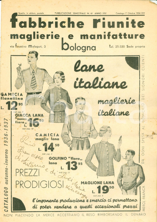 1936 BOLOGNA Fabbriche riunite maglierie lane italiane *Catalogo ILLUSTRATO