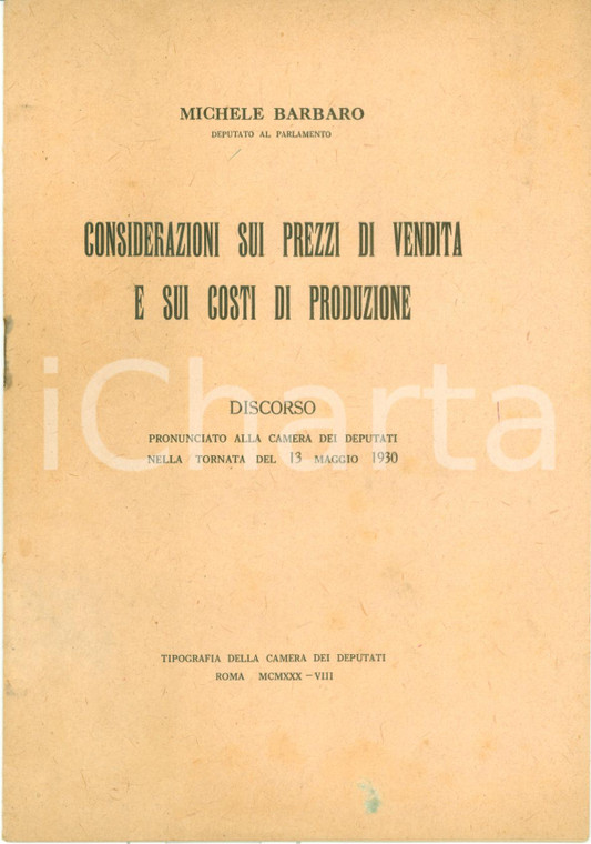 1930 Michele BARBARO Prezzi di vendita e costi di produzione *Discorso