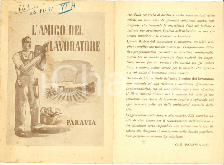 1951 SCUOLA POPOLARE PARAVIA L'amico del lavoratore *OPUSCOLO ILLUSTRATO
