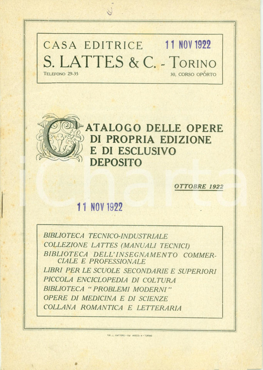 1922 TORINO Casa Editrice LATTES Catalogo opere di propria produzione