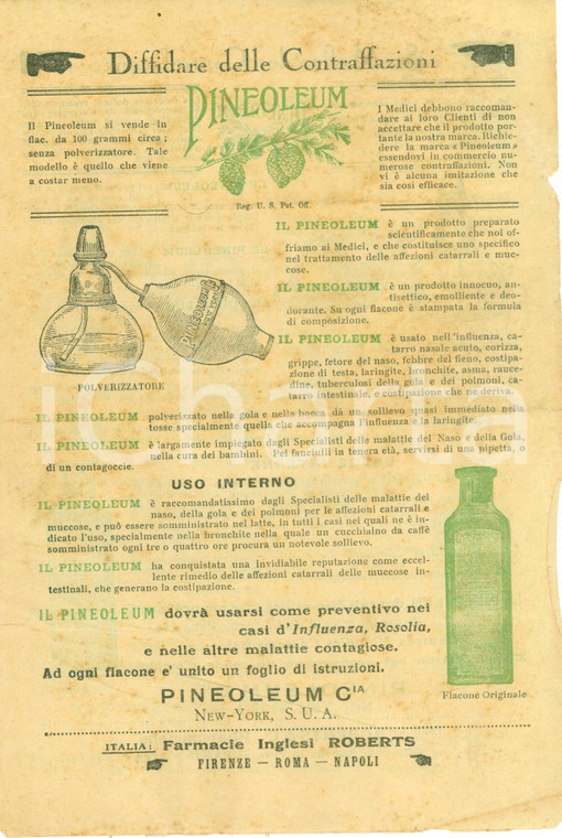 1930 ca ROMA Farmacie inglesi ROBERTS Opuscolo PINEOLEUM Illustrato DANNEGGIATO