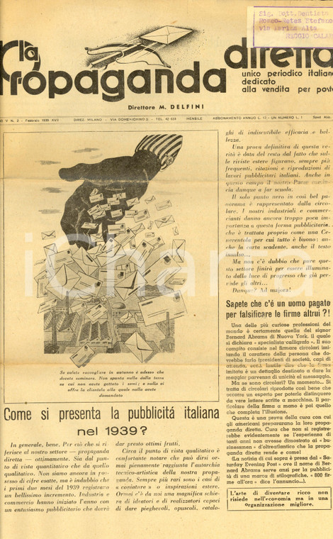1939 LA PROPAGANDA DIRETTA Pubblicità autarchica vendita per posta *Rivista