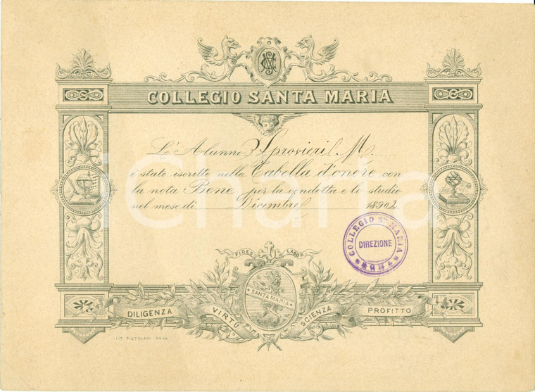 1902 ROMA COLLEGIO SANTA MARIA Vincenzo SPROVIERI iscritto in Tabella d'Onore