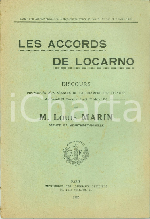 1926 Louis MARIN Les accords de LOCARNO Discours à la Chambre des Députés