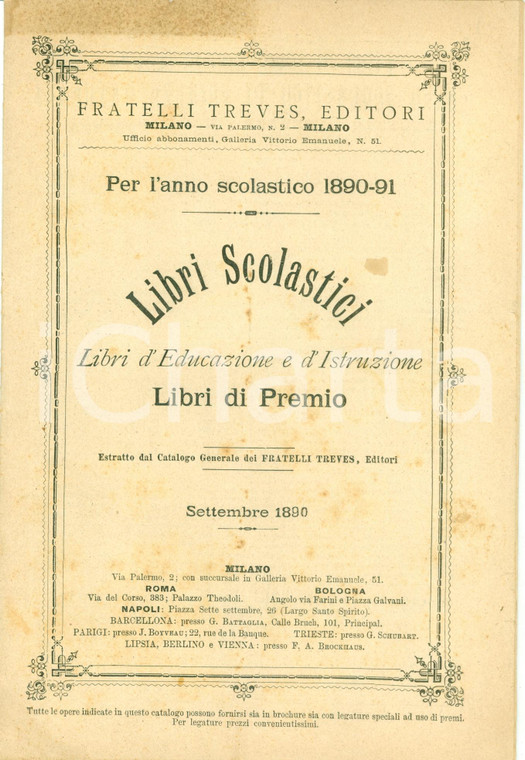 1890 MILANO Fratelli TREVES Editori Libri scolastici Libri di Premio *Catalogo