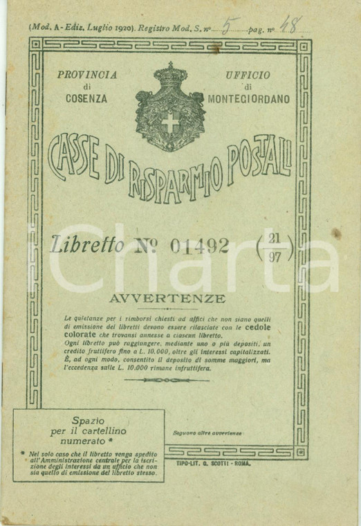 1922 MONTEGIORDANO (CS) Casse di Risparmio Postali Libretto fruttifero