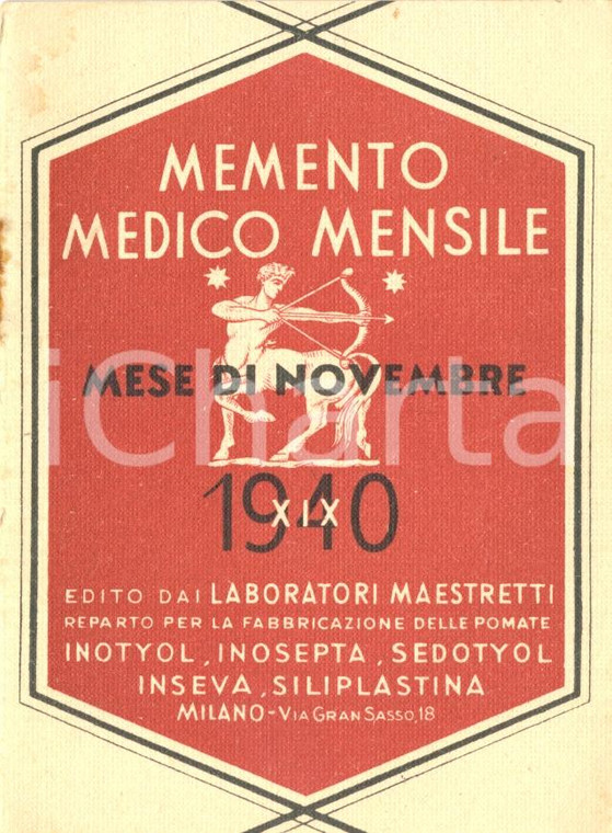 1940 MILANO Laboratori MAESTRETTI Memento medico mensile novembre ILLUSTRATO