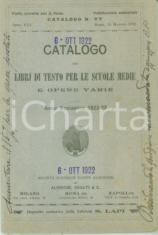 1922 ROMA Società Editrice DANTE ALIGHIERI Catalogo libri di testi scuole medie