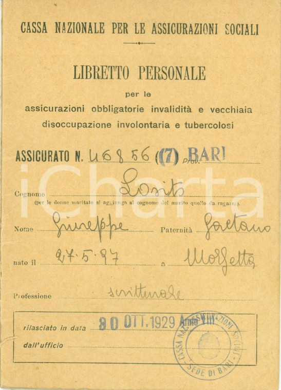 1929-1939 BARI Cassa Nazionale Assicurazioni Libretto Giuseppe LOSITO