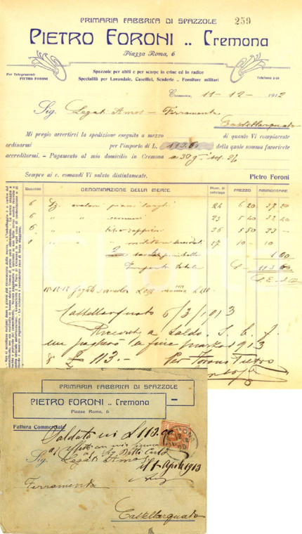 1912 CREMONA Pietro FORONI fabbrica di spazzole *Fattura con busta intestata