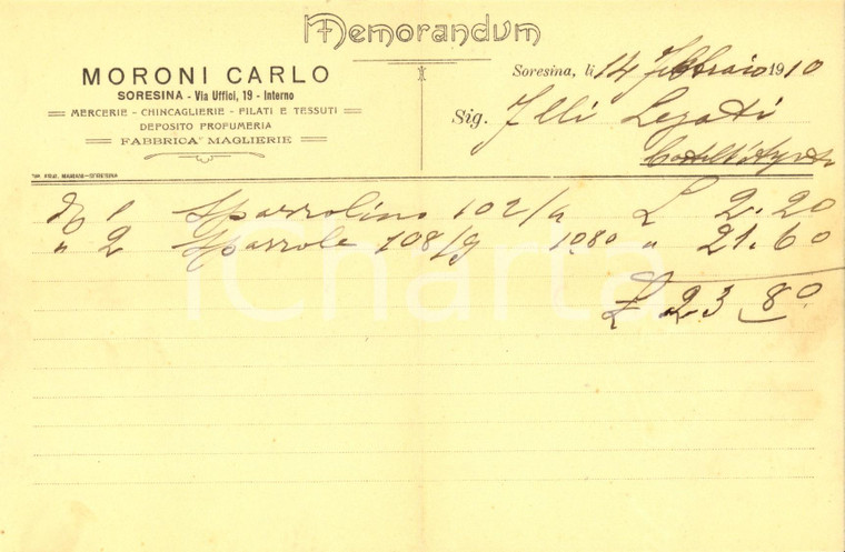 1910 SORESINA (CR) Carlo MORONI fabbrica maglierie e mercerie *Fattura intestata